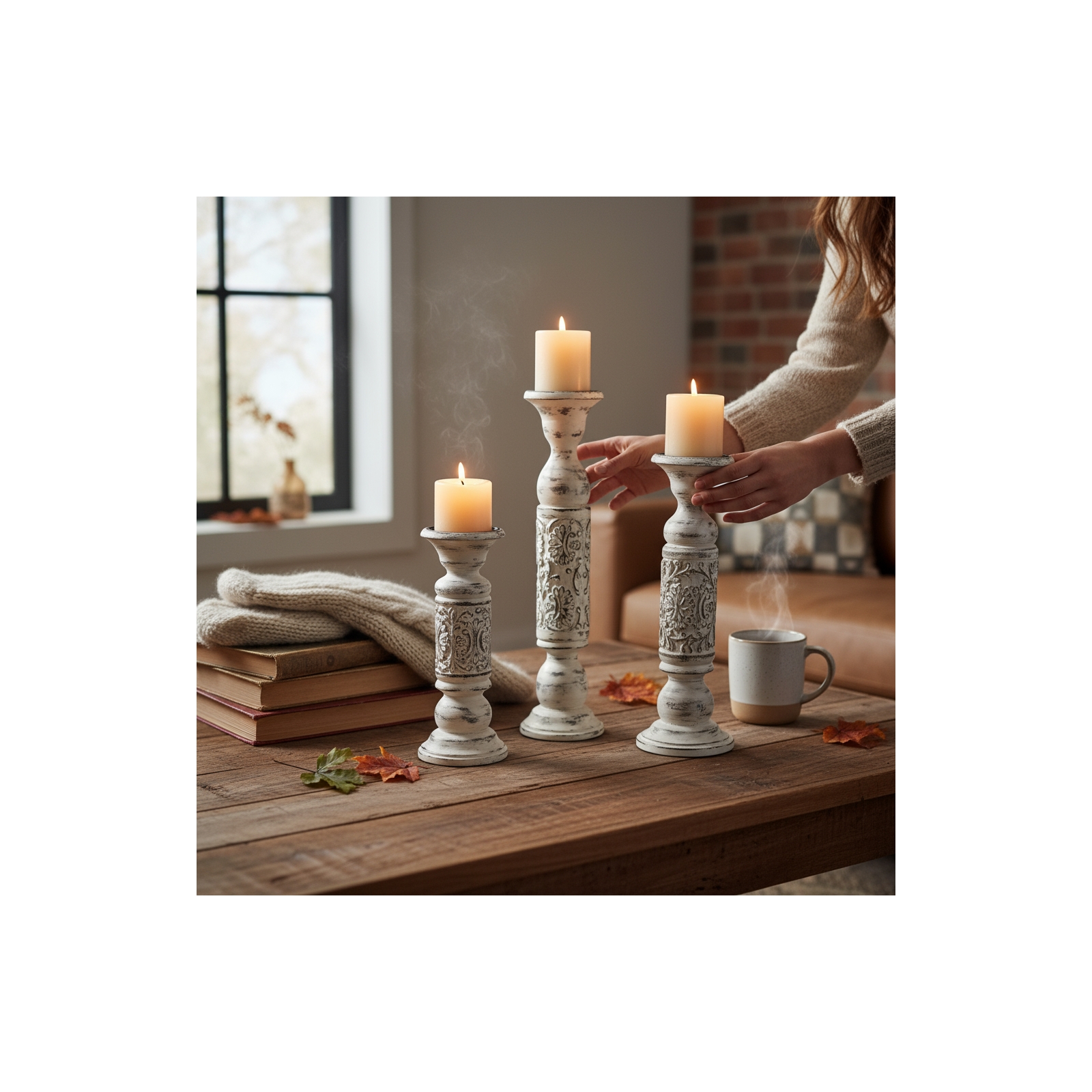 Set of 3 Sissinghurst Pillar Holder-Shabby Chic Wh